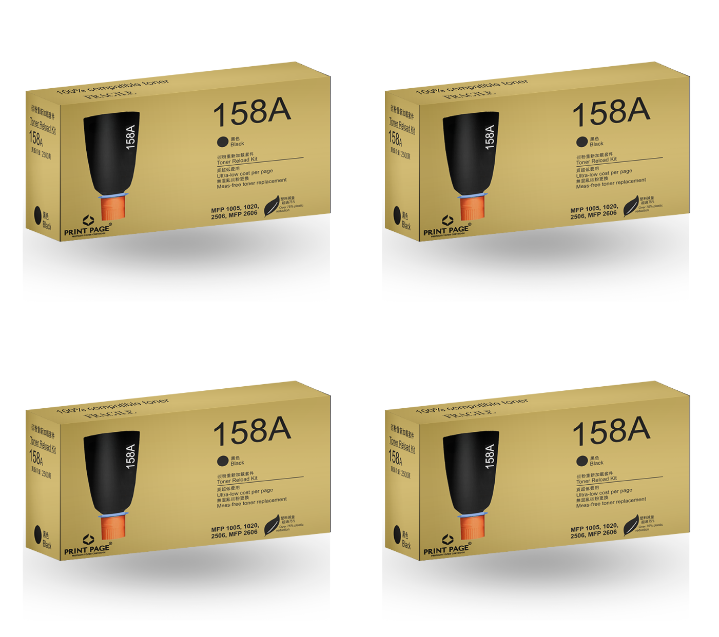 Print Page 158A (W1580A) Toner Reload Kit Set of 4