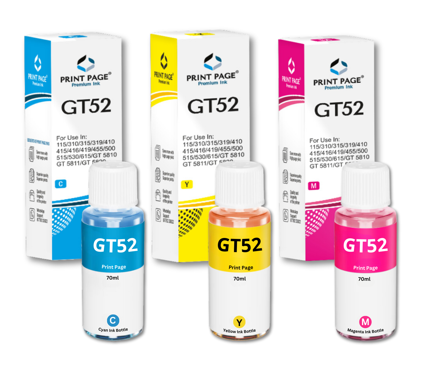 Print Page GT51/GT52 Refill Ink Bottle (Black-90ml, Color-70ml Each) C/Y/M - 1 pcs