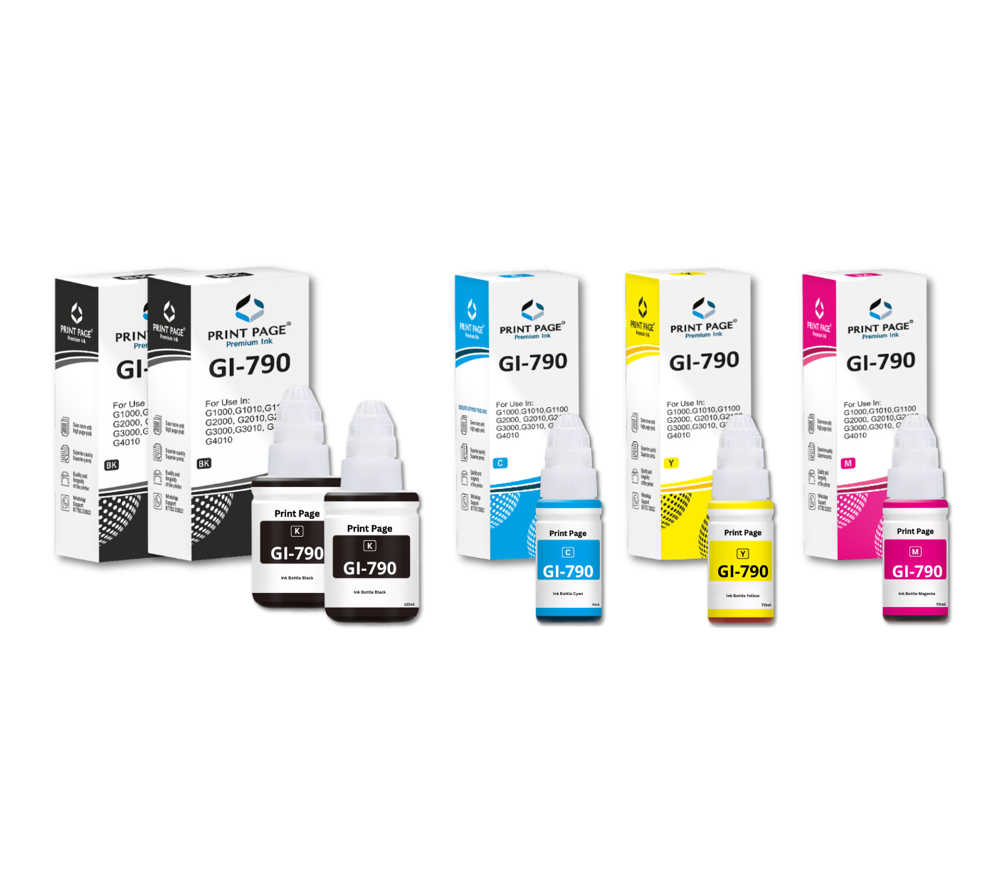 Print Page GI 790 Refill Ink Bottle (Black-135ml, Color-70ml Each) Black - 2 pcs, C/Y/M - 1 pcs
