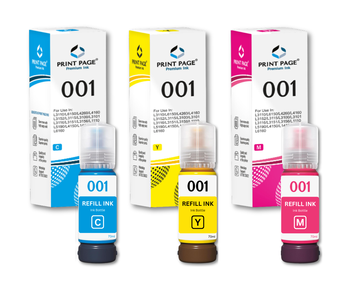 Print Page 001 Refill Ink Bottle (70ml Each) C/Y/M - 1 pcs