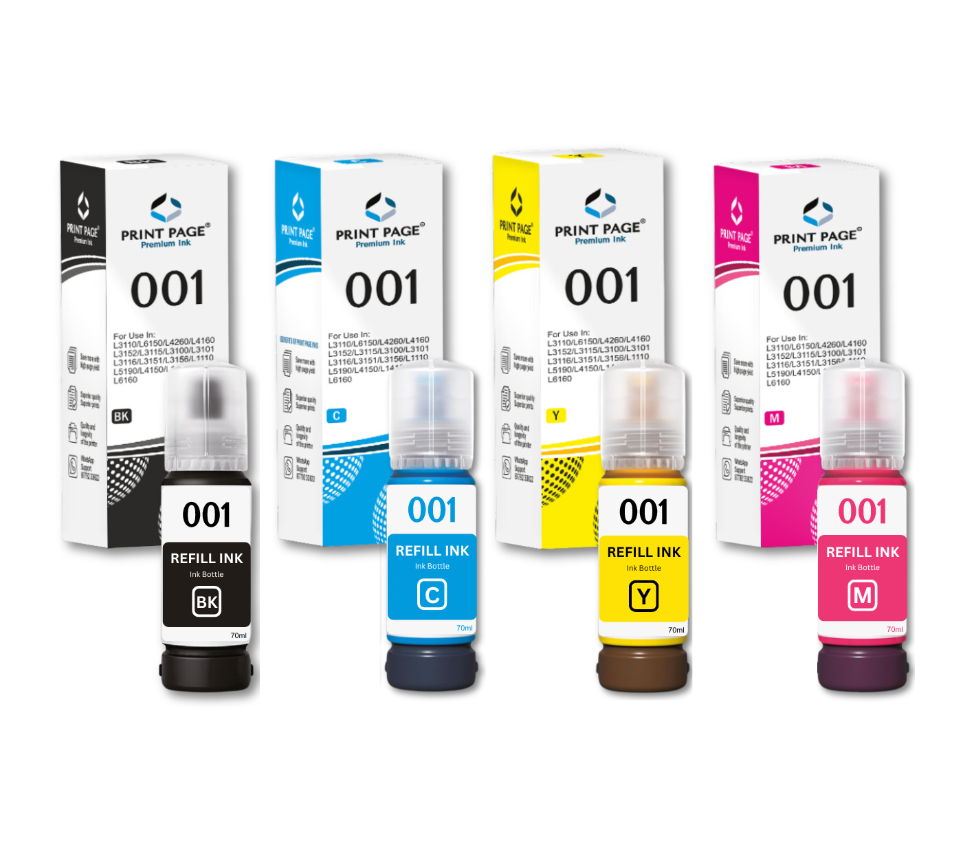 Print Page 001 Refill Ink Bottle (70ml Each) 4 Color Combo