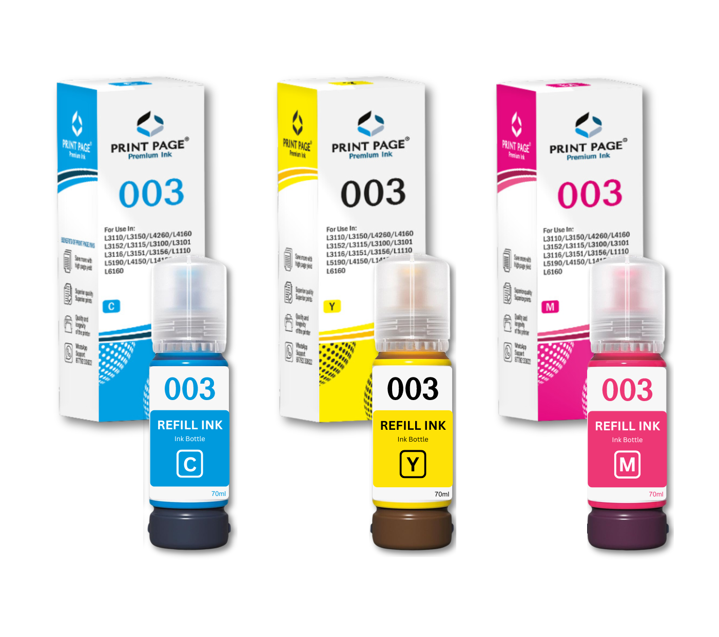 Print Page 003 Refill Ink Bottle (70ml Each) C/Y/M - 1 pcs