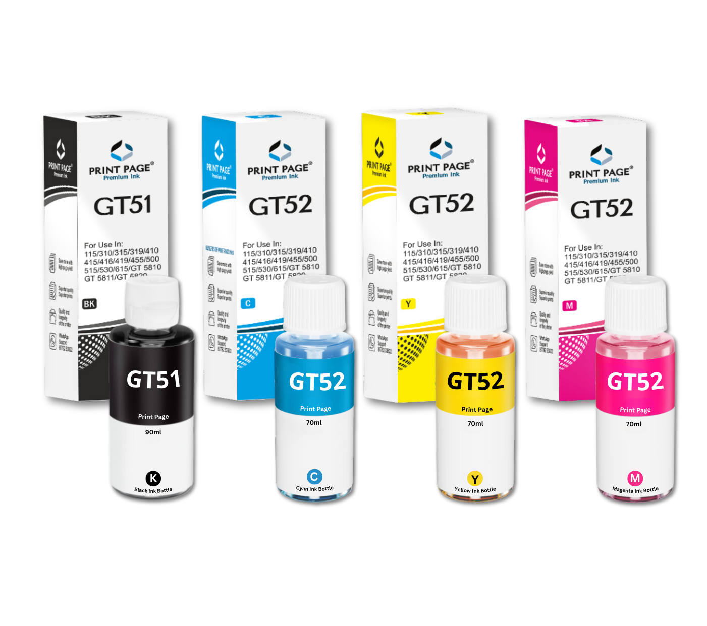 Print Page GT51/GT52 Refill Ink Bottle (Black-90ml, Color-70ml Each) 4 Color Combo