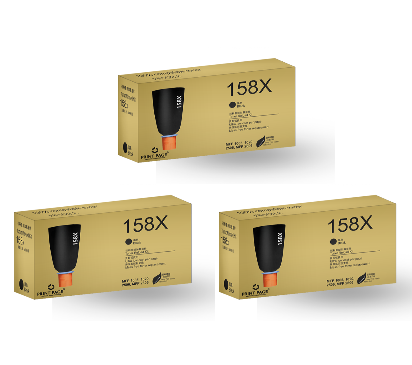Print Page 158X (W1580X) Toner Reload Kit Set of 3