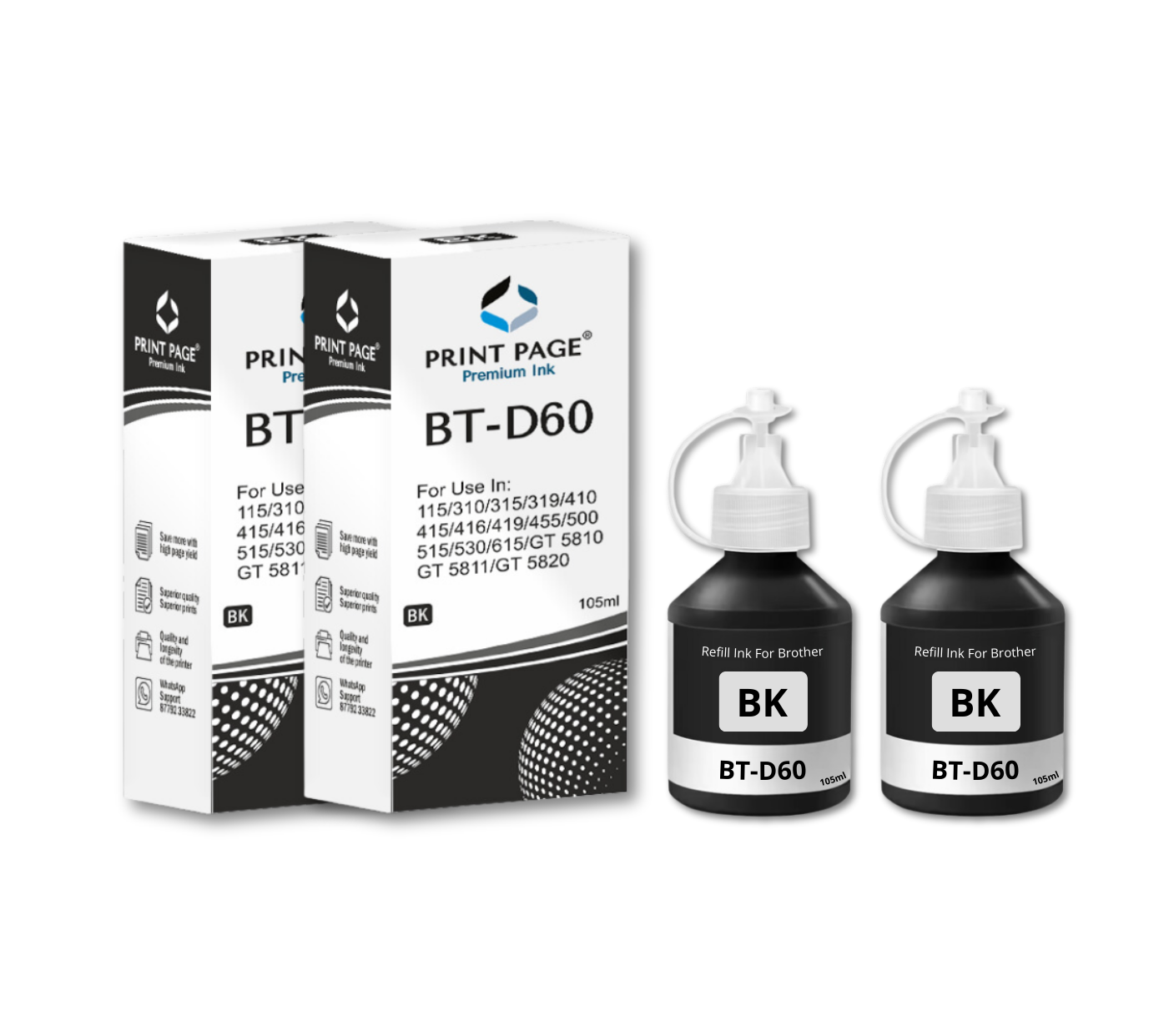 Print Page BT-D60BK & BT5000 (C/Y/M) Refill Ink Bottle (Black-105ml, C/Y/M-50ml Each) Black - 2 pcs