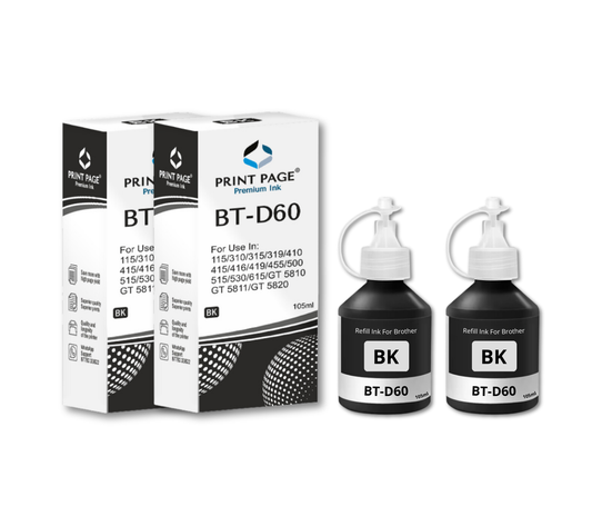 Print Page BT-D60BK & BT5000 (C/Y/M) Refill Ink Bottle (Black-105ml, C/Y/M-50ml Each) Black - 2 pcs