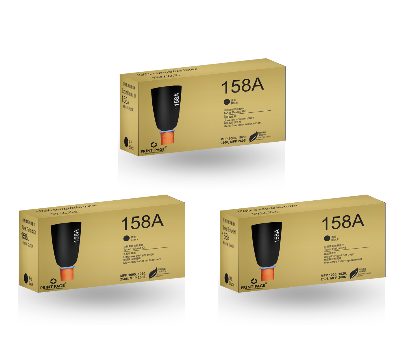 Print Page 158A (W1580A) Toner Reload Kit Set of 3