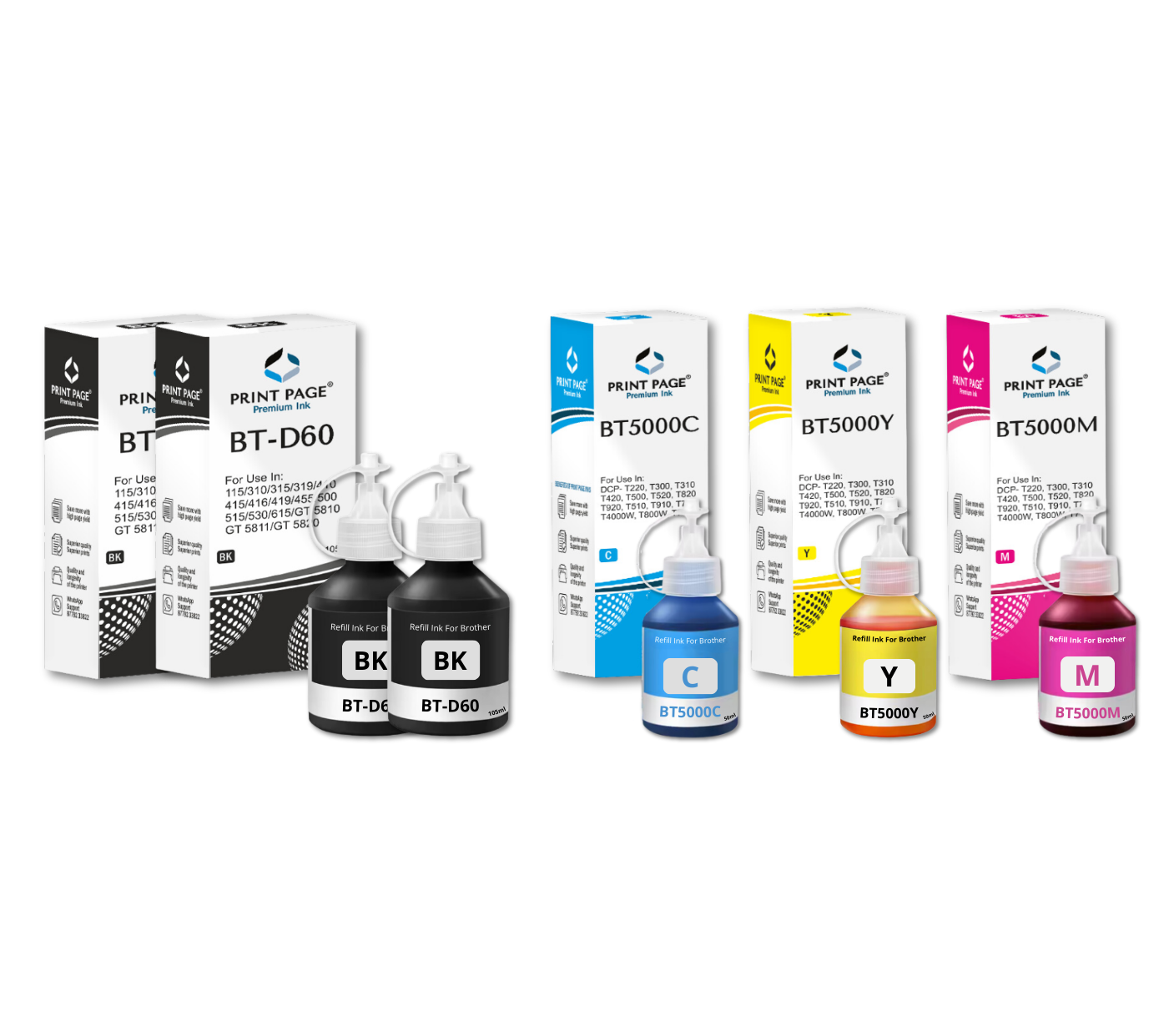Print Page BT-D60BK & BT5000 (C/Y/M) Refill Ink Bottle (Black-105ml, C/Y/M-50ml Each) Black - 2 pcs, C/Y/M - 1 pcs