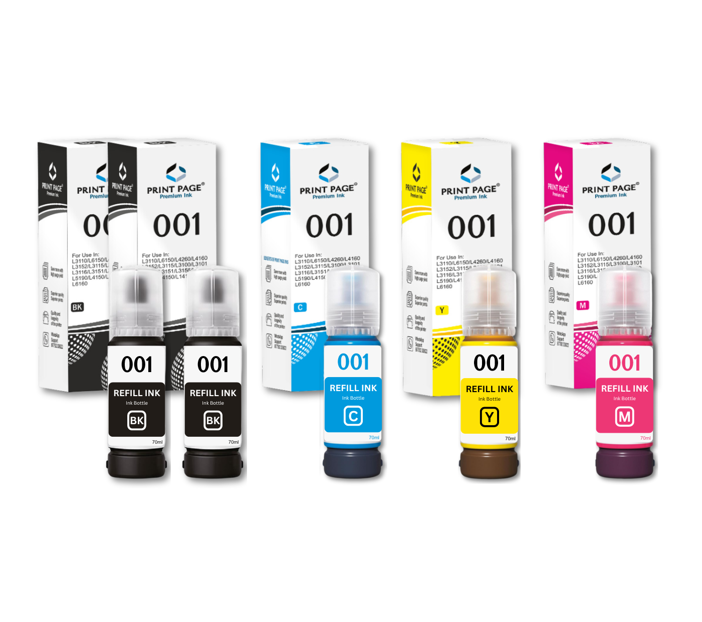 Print Page 001 Refill Ink Bottle (70ml Each) Black - 2 pcs, C/Y/M - 1 pcs