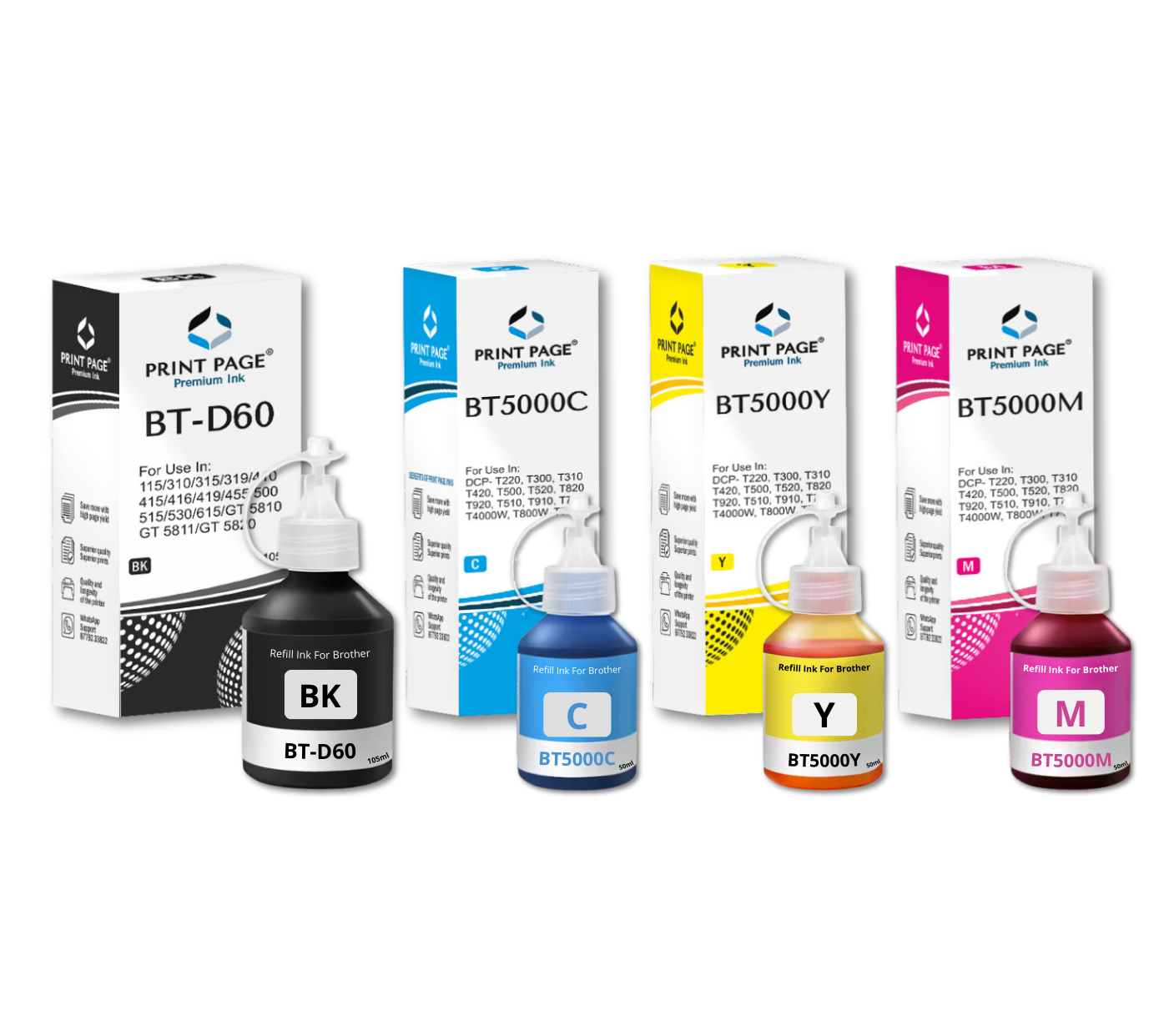 Print Page BT-D60BK & BT5000 (C/Y/M) Refill Ink Bottle (Black-105ml, C/Y/M-50ml Each) 4 Color Combo