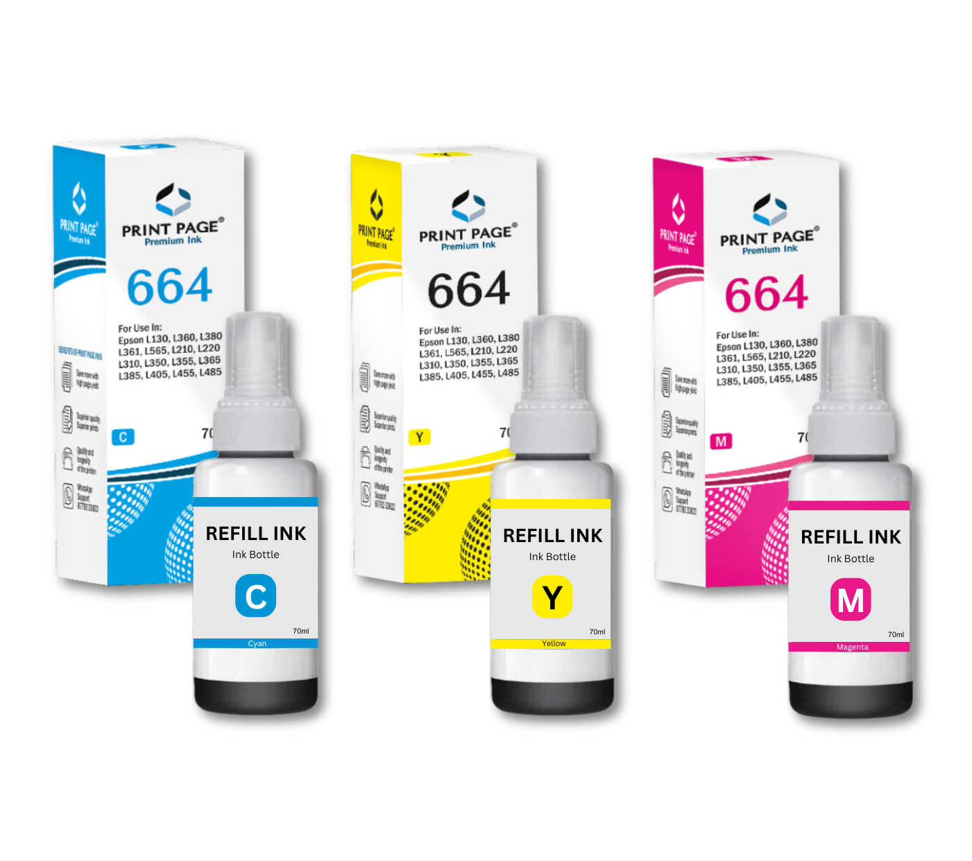 Print Page T664 Refill Ink Bottle (70ml Each) C/Y/M - 1 pcs