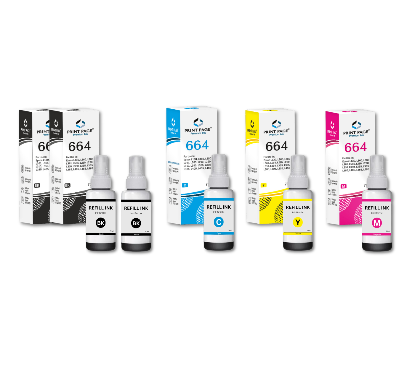 Print Page T664 Refill Ink Bottle (70ml Each) Black - 2 pcs, C/Y/M - 1 pcs