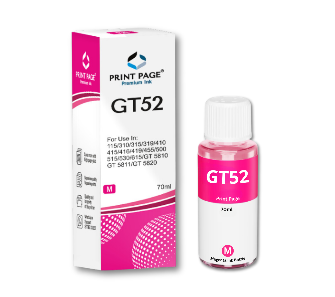 Print Page GT51/GT52 Refill Ink Bottle (Black-90ml, Color-70ml Each) Magenta