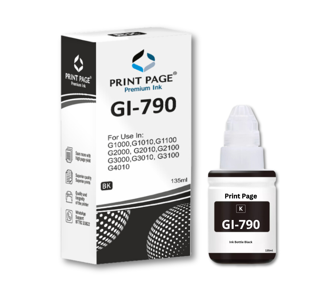 Print Page GI 790 Refill Ink Bottle (Black-135ml, Color-70ml Each) Black