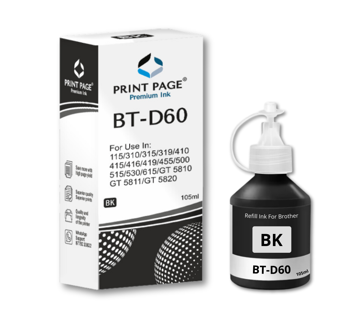 Print Page BT-D60BK & BT5000 (C/Y/M) Refill Ink Bottle (Black-105ml, C/Y/M-50ml Each) Black