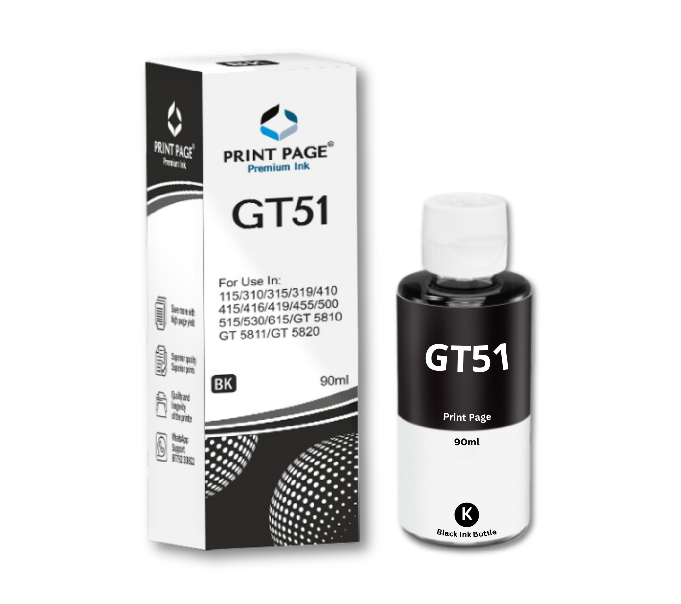 Print Page GT51/GT52 Refill Ink Bottle (Black-90ml, Color-70ml Each) Black