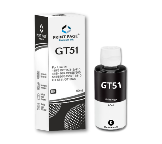 Print Page GT51/GT52 Refill Ink Bottle (Black-90ml, Color-70ml Each) Black